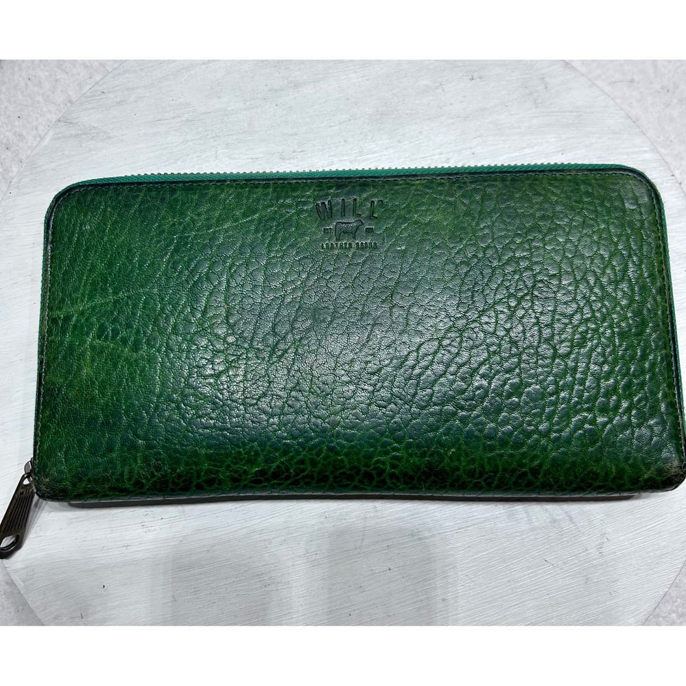 Will Leather Goods Green Pebbled Leather Zip Around Long Wallet